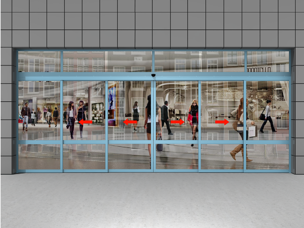 Телескопическая дверь двусторонняя с фрамугой и неподвижными створками.